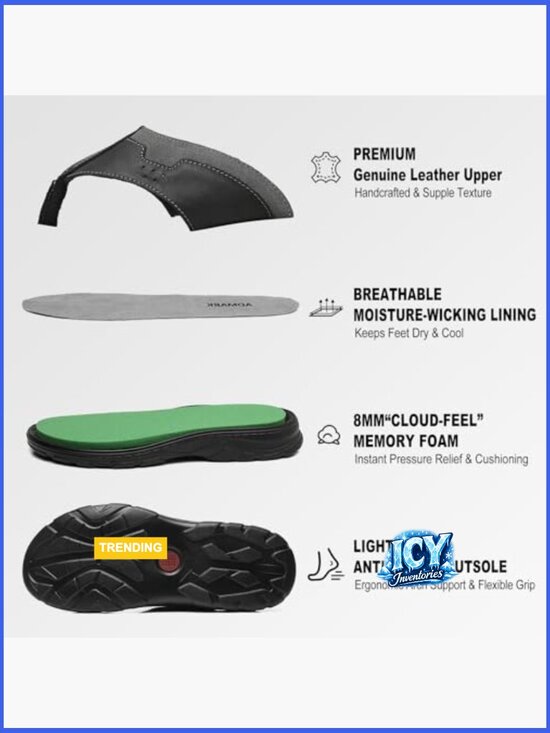 Men\'s Leather Flip Flops, Arch Support Memory Foam Thong Sandals